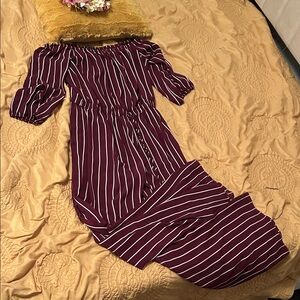 Haute Monde Burgundy and White Striped Jumpsuit